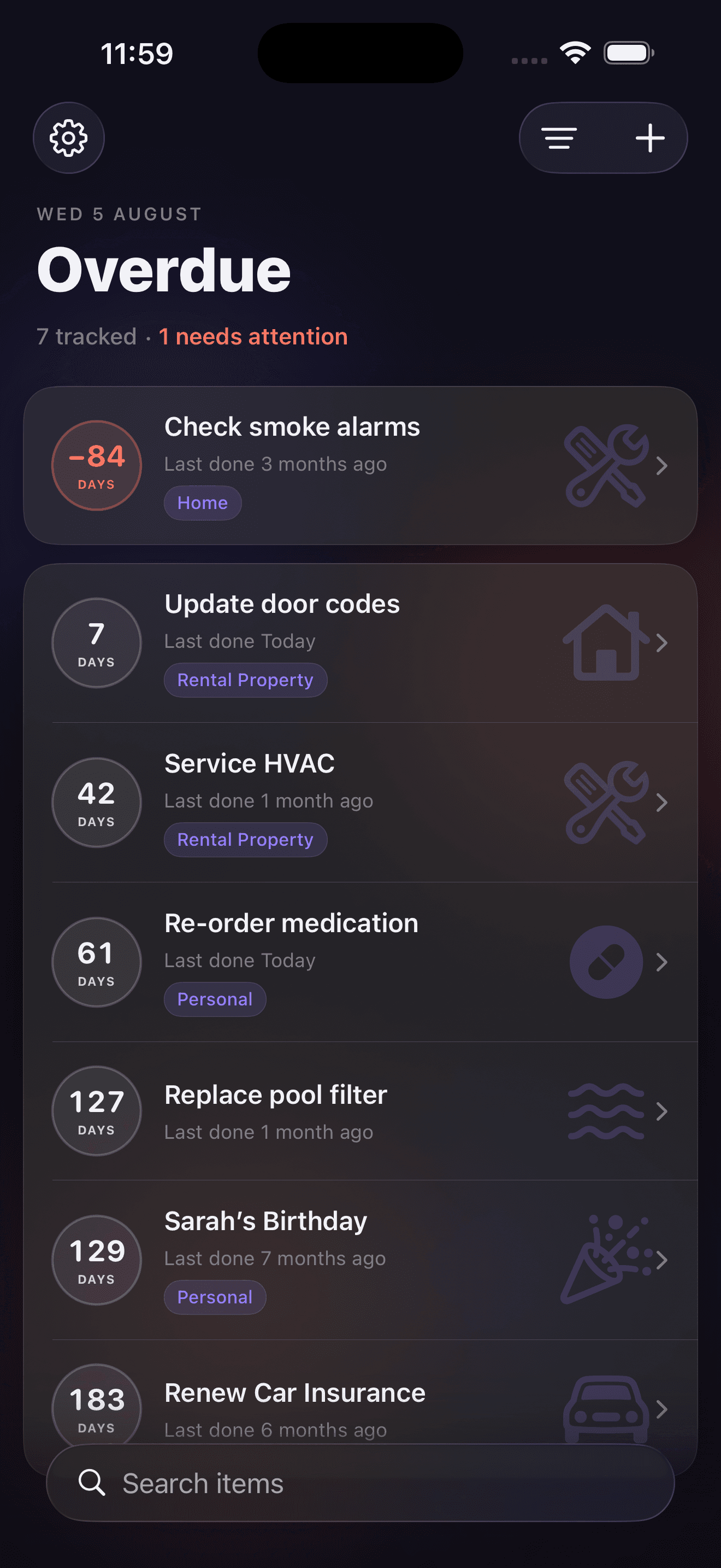 Overdue app homepage screenshot