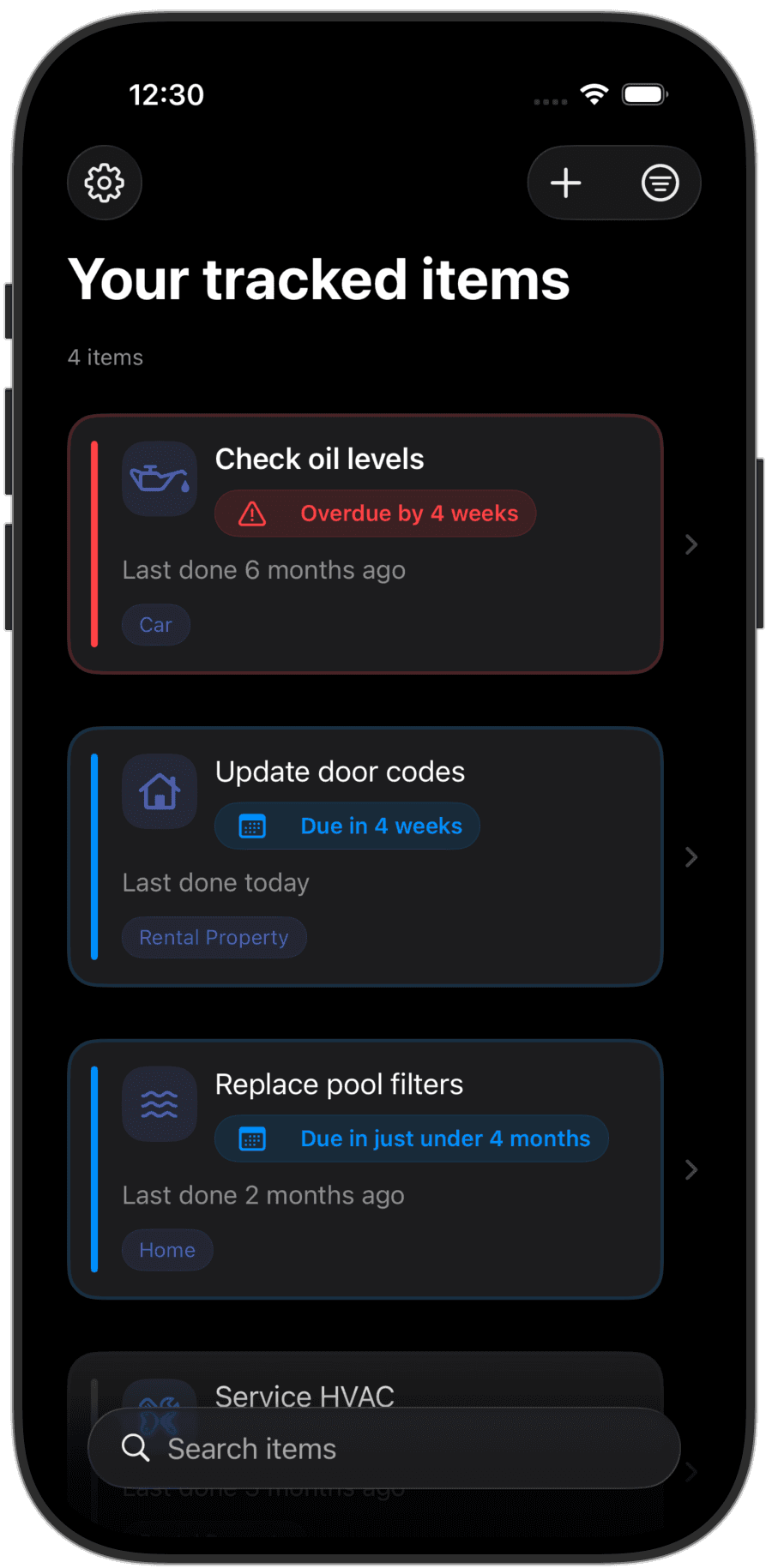Overdue app homepage screenshot